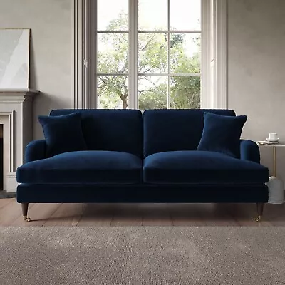 Navy Velvet Sofa 3 Seater With Ruched Saddle Arms Wood Gold Legs Traditional • £689.92