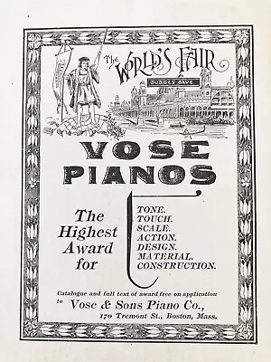 VOSE PIANOS World's Fair Highest Award Columbian Expo Chicago 1894 Vtg Print Ad • $15.95