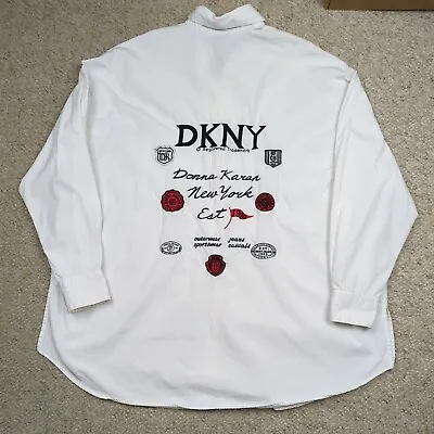 Vintage DKNY Shirt Womens L White Button Down Promotional Patch 90s Donna Karan • $17.66