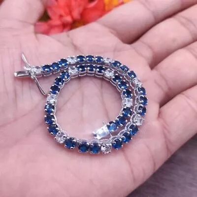 $260 • Buy 4 Mm Round Cut Lab Created Blue Sapphire 14K White Gold Silver Tennis Bracelet