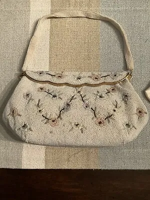 Vintage Beaded Evening Purse Clutch White Flowered Made In France • $12