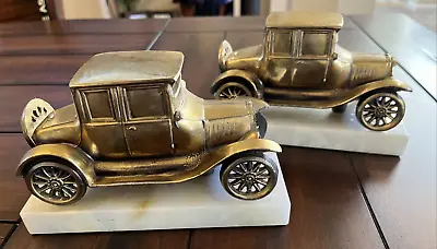 Vintage Model T Old Car Bookend Pair Set Of 2 / Brass & White Marble (Heavy) • $59.95