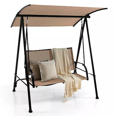 2-Seat Patio Swing Porch Swing W/ Adjustable Canopy For Garden Dark Beige • $139.95