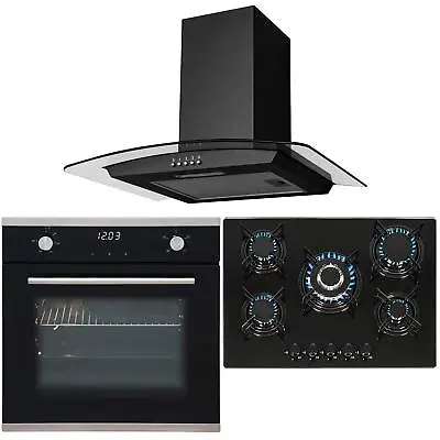 SIA Black Electric Fan Single Oven 70cm 5 Burner Gas Hob And Curved Cooker Hood • £465.99