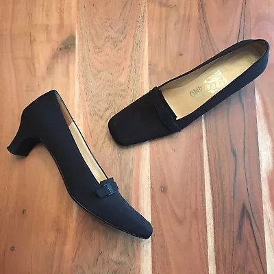 Ferragamo Black Fabric Textile Buckle Square Toe Pumps 7.5 AA • $37.95