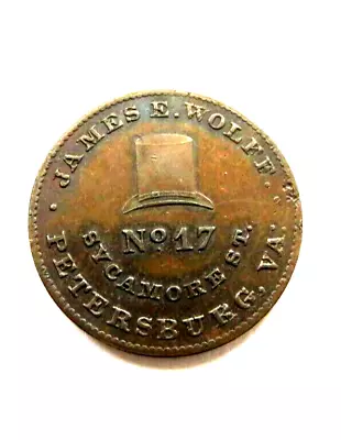 James E. Wolff Dealer In Hatscaps Furs Petersburg Va. Hard Times Token • $46