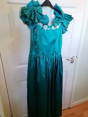 Vintage Retro Handmade Ball Evening Cocktail Prom Gown Green Satin Dress M 12 14 • £27.99