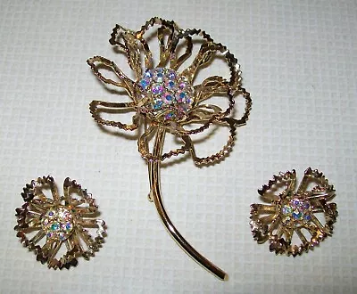 Vtg Sarah Coventry Allusion AB Pin Brooch Clip Earrings Set Zig Zag Petals • $19.99