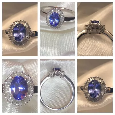 Tanzanite And Diamond Halo Ring Size N In Platinum Overlay Sterling Silver 925 • £54