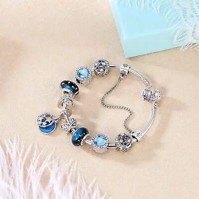 Women Girls Crystal Beads Stars Pendant Blue Glass Rhinestone Charm Pandora Type • £12.95