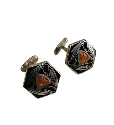 Robert Talbott Chelsea Cuff Link NWT Hexagon Black Orange Sterling Silver $325 • $125