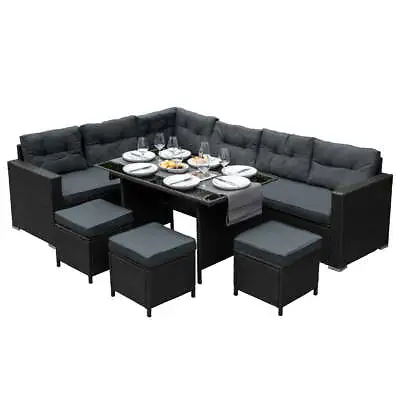 Rattan Corner Dining Set Outdoor Garden Furniture Black 9-Seater L Shape Sofa • £649.99