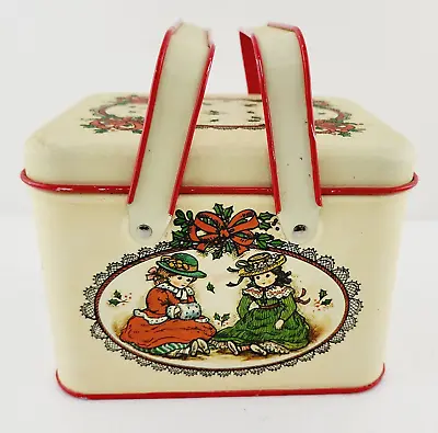 Vtg Metal Tin Lidded Box Double Handle Prairie Girls Dolls 6  Red White • $10