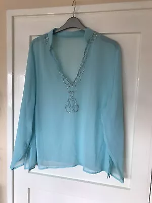 £3.99 • Buy Sz 24/26 Pale Blue Sheer Kaftan Top Embellished