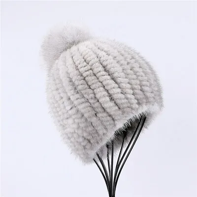 100% Real Mink Fur Knitted Beanie Hat Women Winter Cap With Fox Fur Pom Poms • $29.99