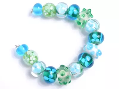 New 15 Pc Set Fine Murano Lampwork Glass Beads - 12mm Flowers & Dots - A7106c • $4.99