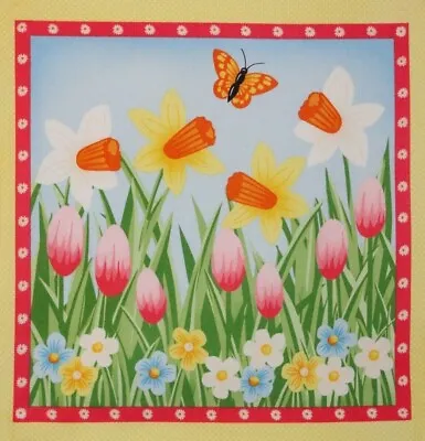 Daffodil Tulip Spring Fabric Flowers  Butterfly 9.75  Pillow Quilt Block Square • $1.75