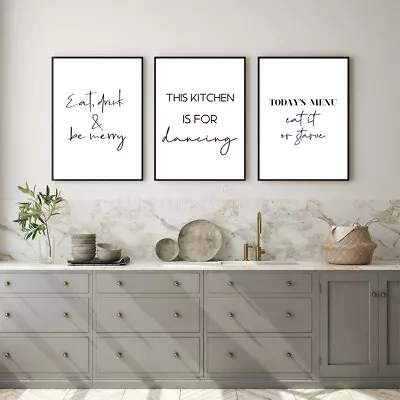 SET OF 3 A4 KITCHEN PRINTS. Wall Art Poster Picture Home Dancing Menu Eat Drink • £7
