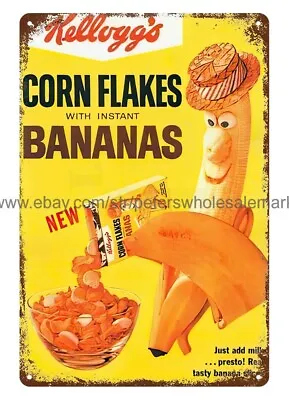 1960s Kellogg's Corn Flakes Cereal Breakfast Bananas Metal Tin Sign Plaque  S • £18.29