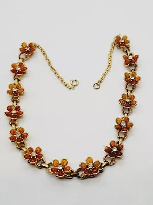 Vintage Flower Necklace Amber Brown White Crystal Accent 21 In • $19.99