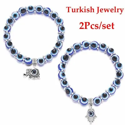 2Pcs/Set Evil Eye Beads Charm Bracelet Set Hamsa Women Men Turkish Lucky Jewelry • $2.42
