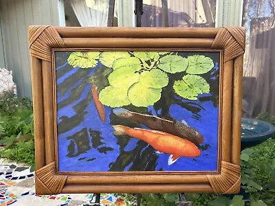 Vintage Koi Fish In Pond Giclee On Canvas Board From Lahaina Maui Vibrant Color • $295