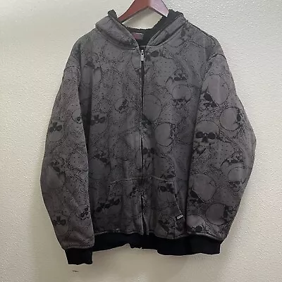 MMA Elite Skull AOP Hoodie Mens XL Gray Black Zip Sherpa Lined Pockets Y2K • $120.89