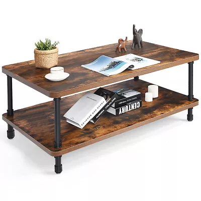 Industrial Coffee Table Rustic Accent Table Storage Shelf Living Room Furniture • $69.95