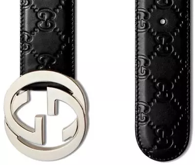 New Gucci Black Signature Gg Leather Interlocking G Palladium Buckle Belt 100/40 • $449.99