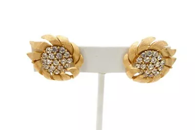 Vintage Crown Trifari Clip On Earrings Gold Tone Rhinestone Sunflower • $71.99