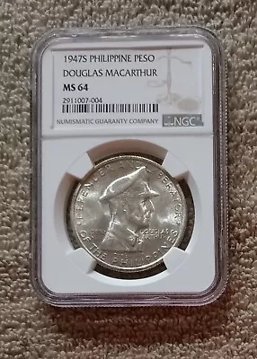 1947S Philippines Silver 1 Peso Douglas MacArthur NGC MS64 Bright Specimen • $274.99