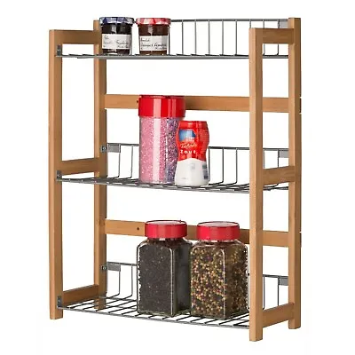Spice Rack 3 Tier Metal & Bamboo Wood Shelf Kitchen Storage Spice Rack Holder • £11.95