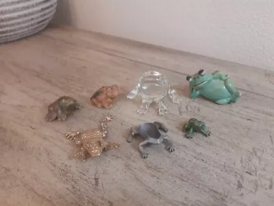 Frog Figurines Vintage Lot Of 7 Miniature Green Frogs  CeramicMetalglass Pin • $25