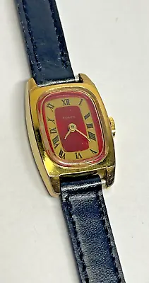 Timex Wind Up Wristwatch Rectangular Face Red Gold Tone Roman Numerals VINTAGE • $23.96