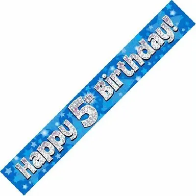 9ft Blue Happy 5th Birthday Holographic Foil Banner Age 5 Party Decorations • £1.99
