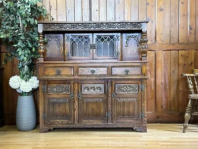 Vintage Old Charm Court Cupboard  Large Carved Oak Sideboard  Drinks Cabinet • £495