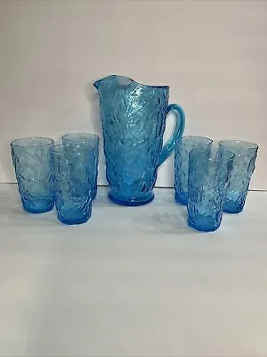 Seneca Driftwood Peacock Blue Crinkle Glass Pitcher And 6 Glasses Morgantown EUC • $149.99