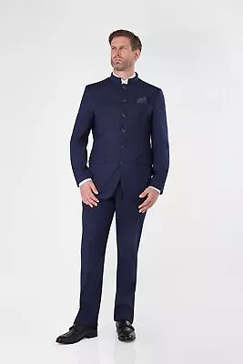 Mens Navy Nehru Jacket Mandarin Grandad Tab Collar 3 Piece Suit Wedding Party • £129.99