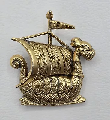 Vintage Gold Tone Dragon Viking Ship Brooch Pin 1-1/2  - Signed • $12.50