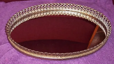 Vintage Oval Vanity Mirror Dresser Tray Fluted Floral Rim Gold Tone 9  X 13  GUC • $24.99