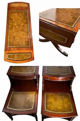 1950’s MCM Mahogany Tooled Italian Leather Inlay Gold Embossed Side Table Set 3 • $1295