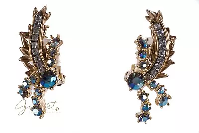 Vintage HAR Aurora Borealis Signed Rhinestone Earrings Clip-On Starburst • $69