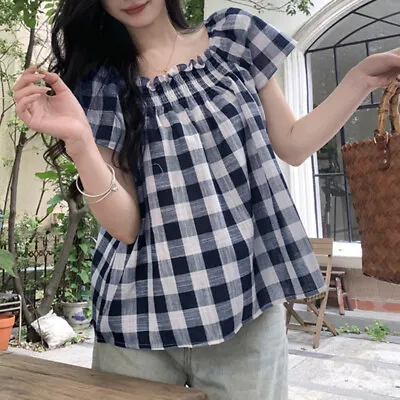Summer Square Neck Check Plaid Tops T-shirt Casual Loose Tee Shirts Blouse 8-24 • £12.99