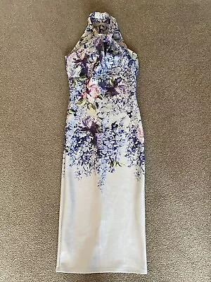 🌸hope & Ivy Silver Grey Bodycon Midi Halter Neck Dress Purple Flowers Size 6 🌸 • £0.99