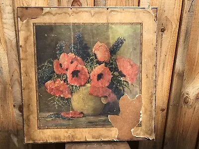 1940's Vintage Decorative Folding Card Table Wood Weathered Damaged Flowers Vase • $38.39