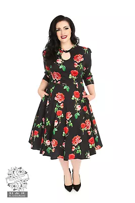 Black Red Roses Dress Hearts And Roses London H&R Plus Size Sleeved Vintags 50s • $58.08