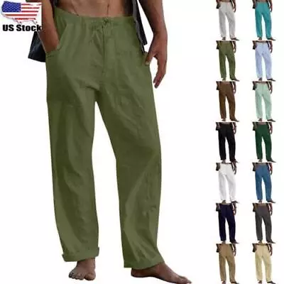 $19.19 • Buy ⭐️️⭐️Mens Summer Cotton Linen Long Pants Casual Loose Beach Buttoms Trousers