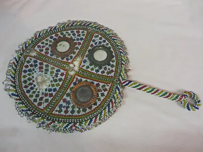 Old Hand Glass Beaded Round Fan From Udaipur India Needs TLC • $28.95