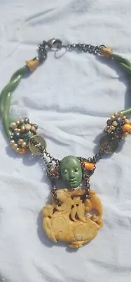 $40 • Buy Vintage Asian Carved Jade Necklace Warrior Face Choker
