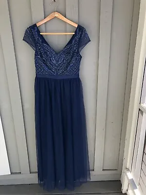 VinVV Evening Formal Prom Maxi Dress Women’s L Blue Sequin Bead Dress • $35
